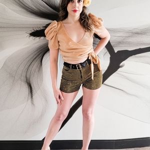 Wrapped Blouse Crop Top w Puff sleeves  shimmery Blouse Cocktail